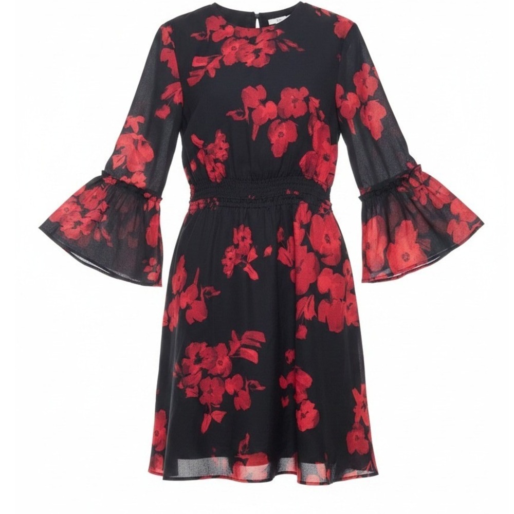 HM Womens Black Red Floral Bell Sleeve Smocked Mini Dress Size 4 05459316